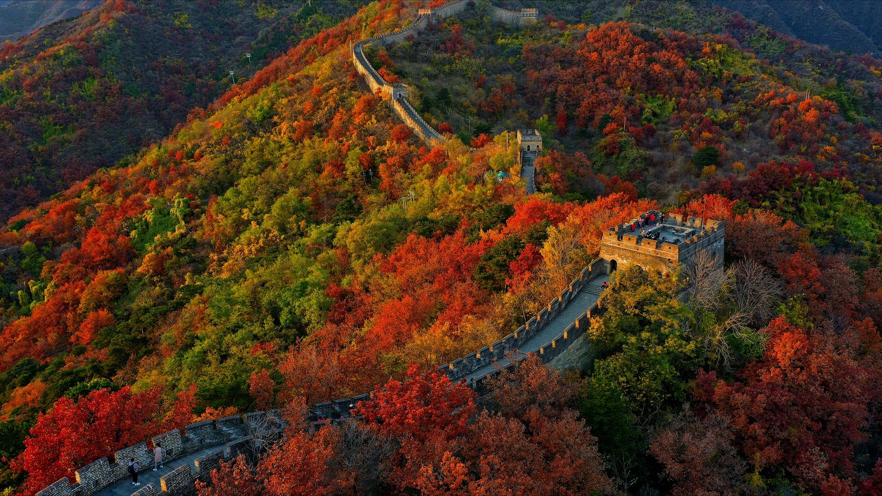 The Great Wall of China winding over green mountain ridges near Beijing